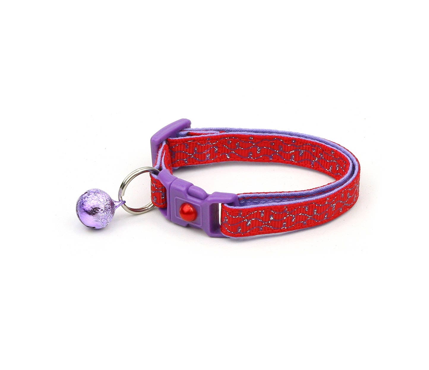 Handmade Red Cat Collar with Purple Squiggles and Safety Breakaway Clip - Adjustable, Durable & Machine Washable for Kittens and Adult Cats