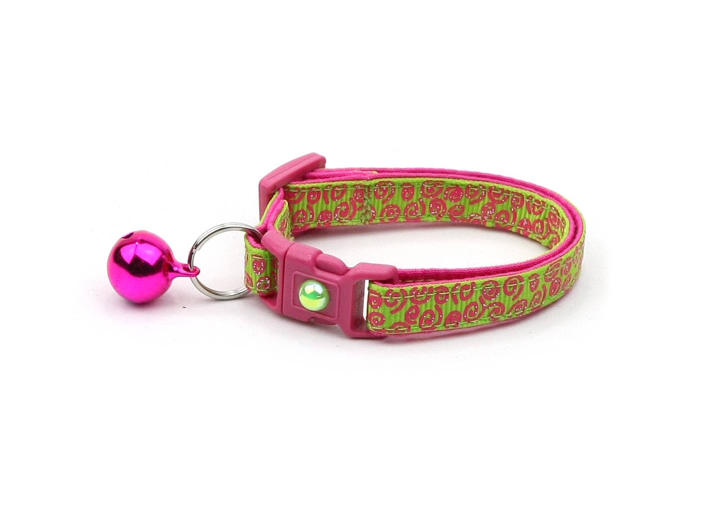 Bright Green & Pink Decorative Cat Collar with Safety Breakaway and Optional Bell