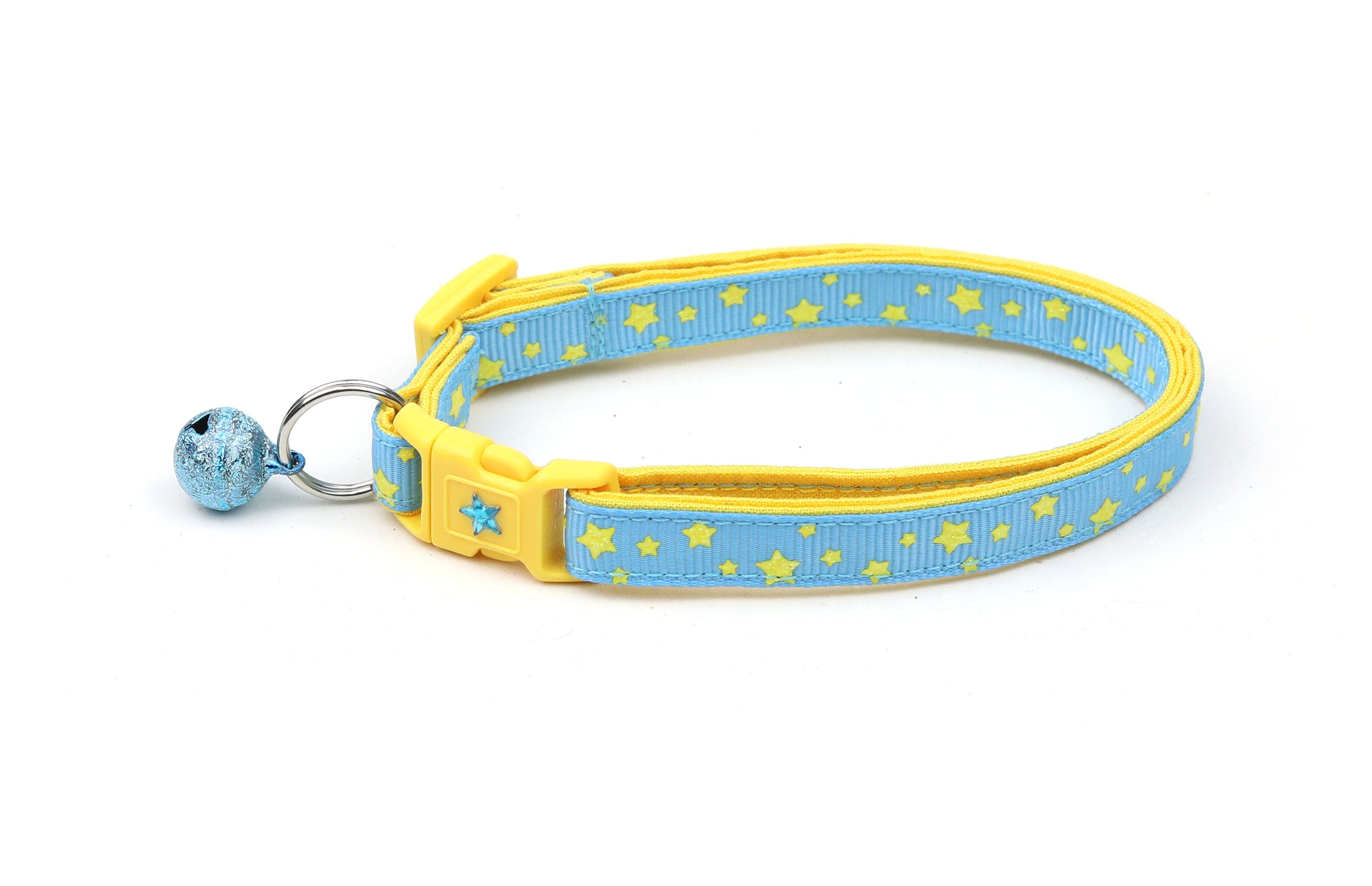 Handmade Blue Cat Collar with Yellow Stars and Safety Breakaway Feature
