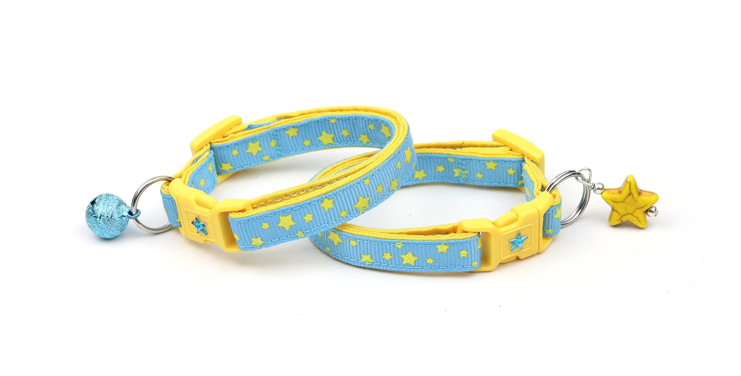 Handmade Blue Cat Collar with Yellow Stars and Safety Breakaway Feature