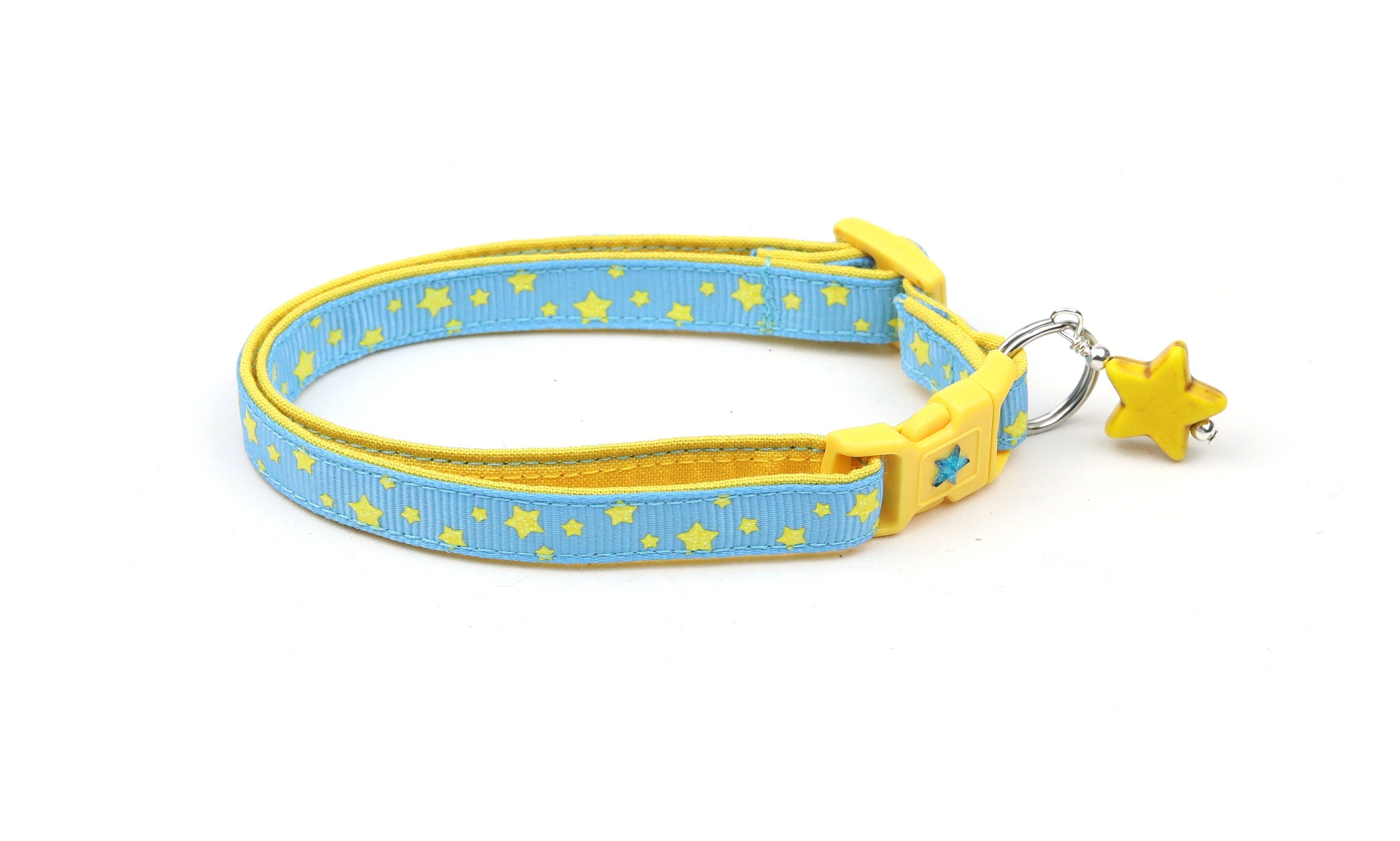 Handmade Blue Cat Collar with Yellow Stars and Safety Breakaway Feature