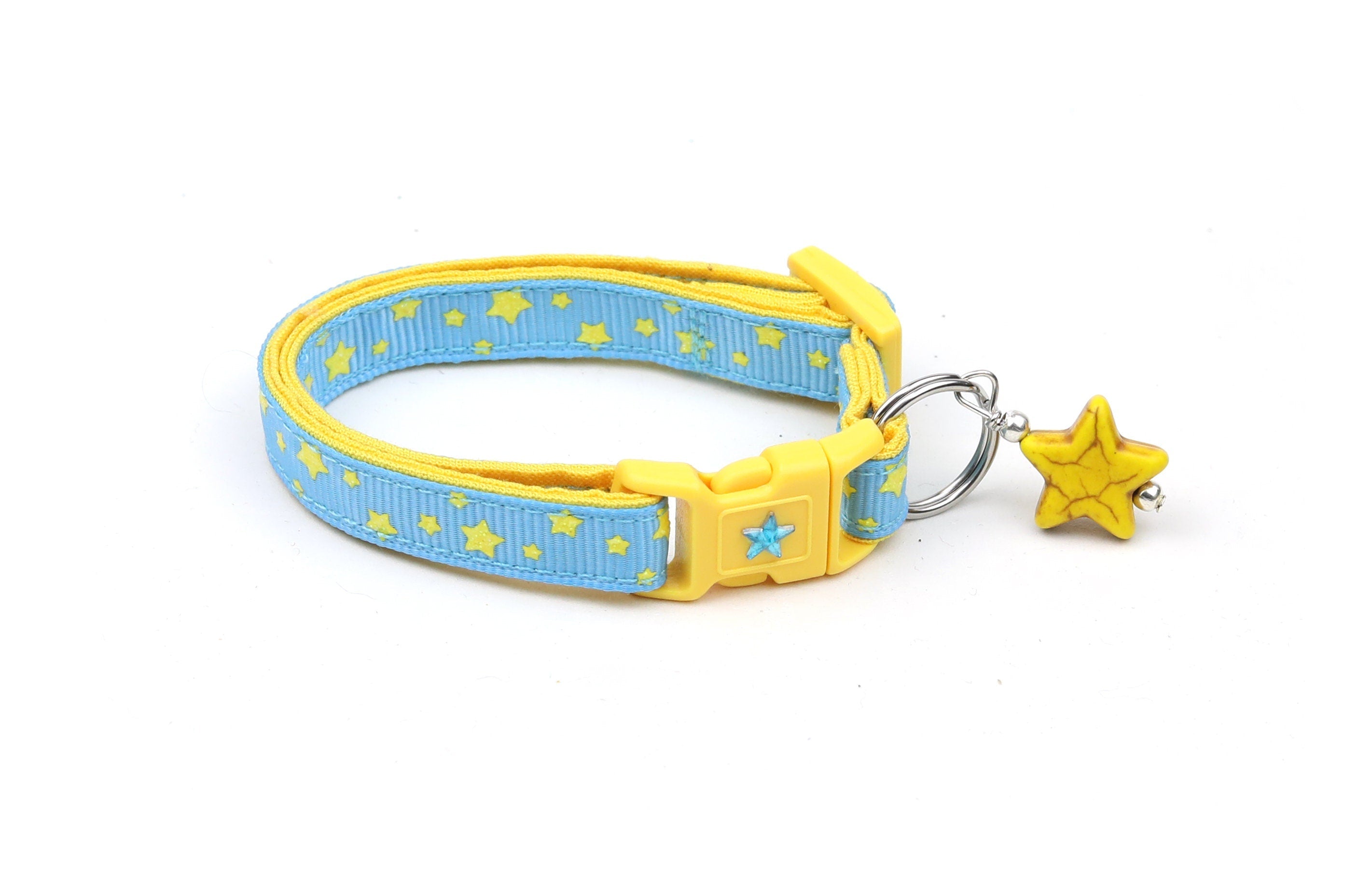 Handmade Blue Cat Collar with Yellow Stars and Safety Breakaway Feature