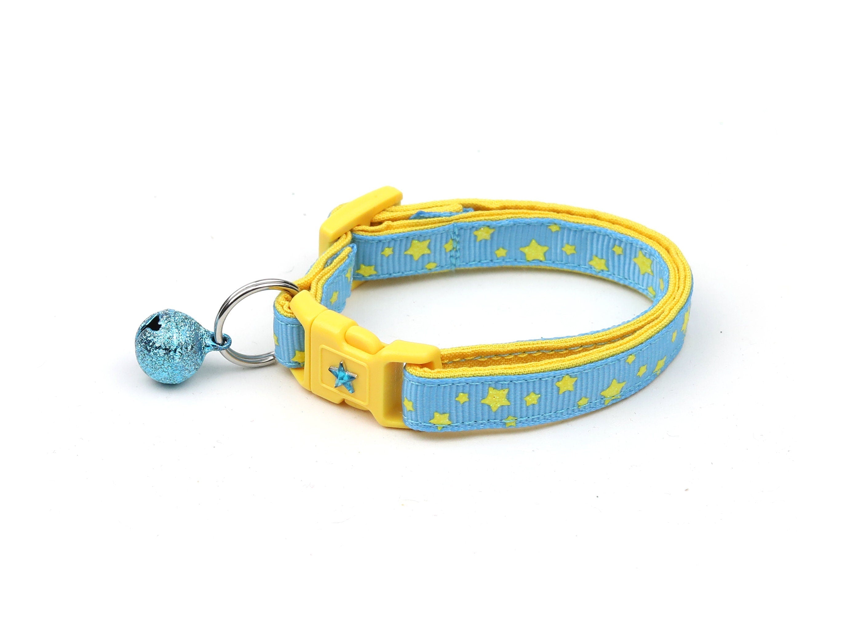 Handmade Blue Cat Collar with Yellow Stars and Safety Breakaway Feature