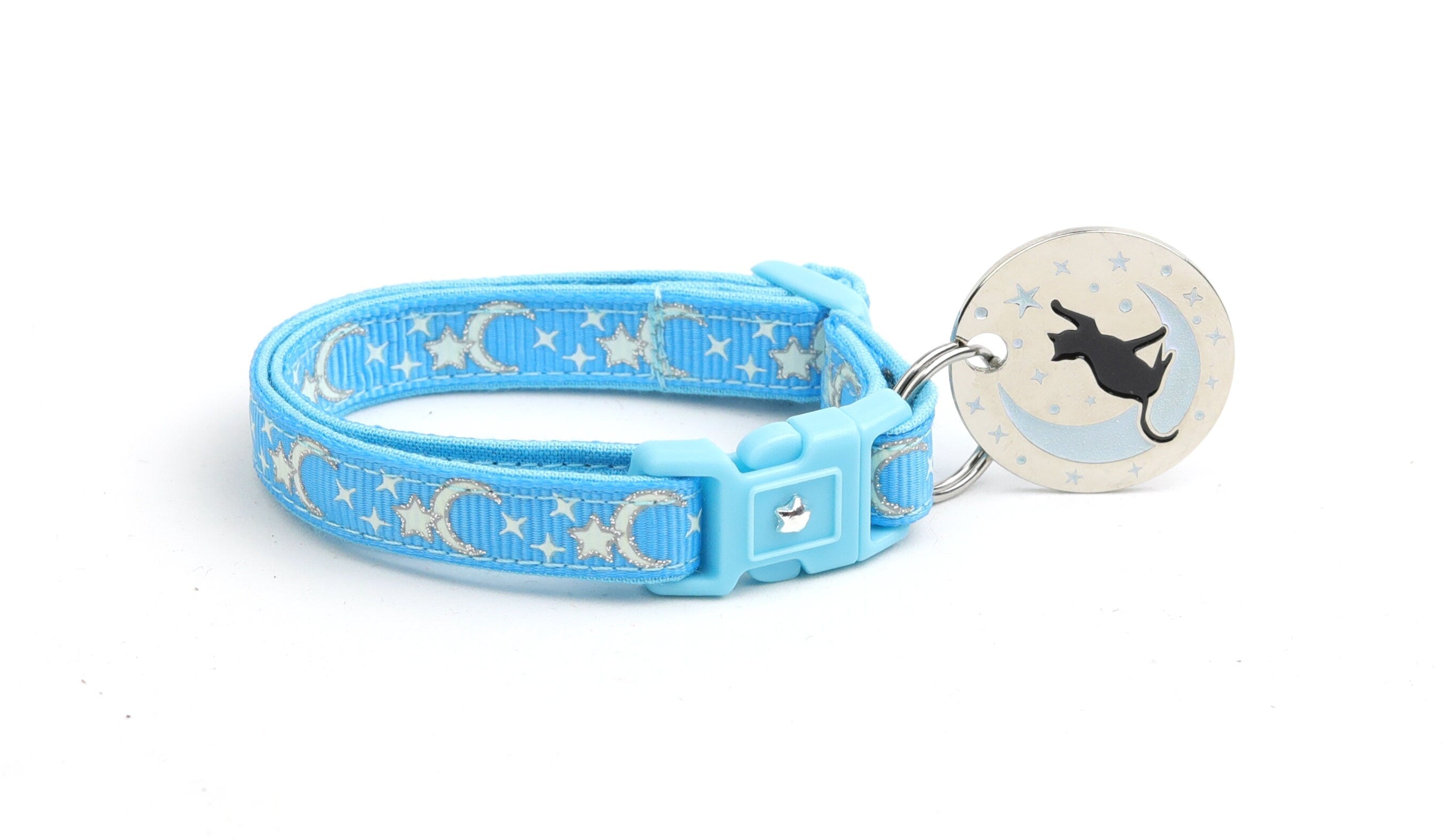 Glow in the Dark Cat Collar with Moon & Star Design - Adjustable, Safe, Washable