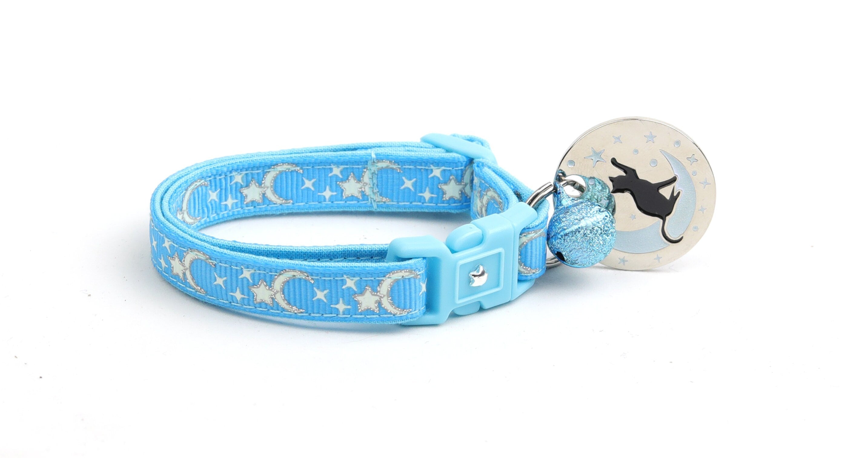 Glow in the Dark Cat Collar with Moon & Star Design - Adjustable, Safe, Washable