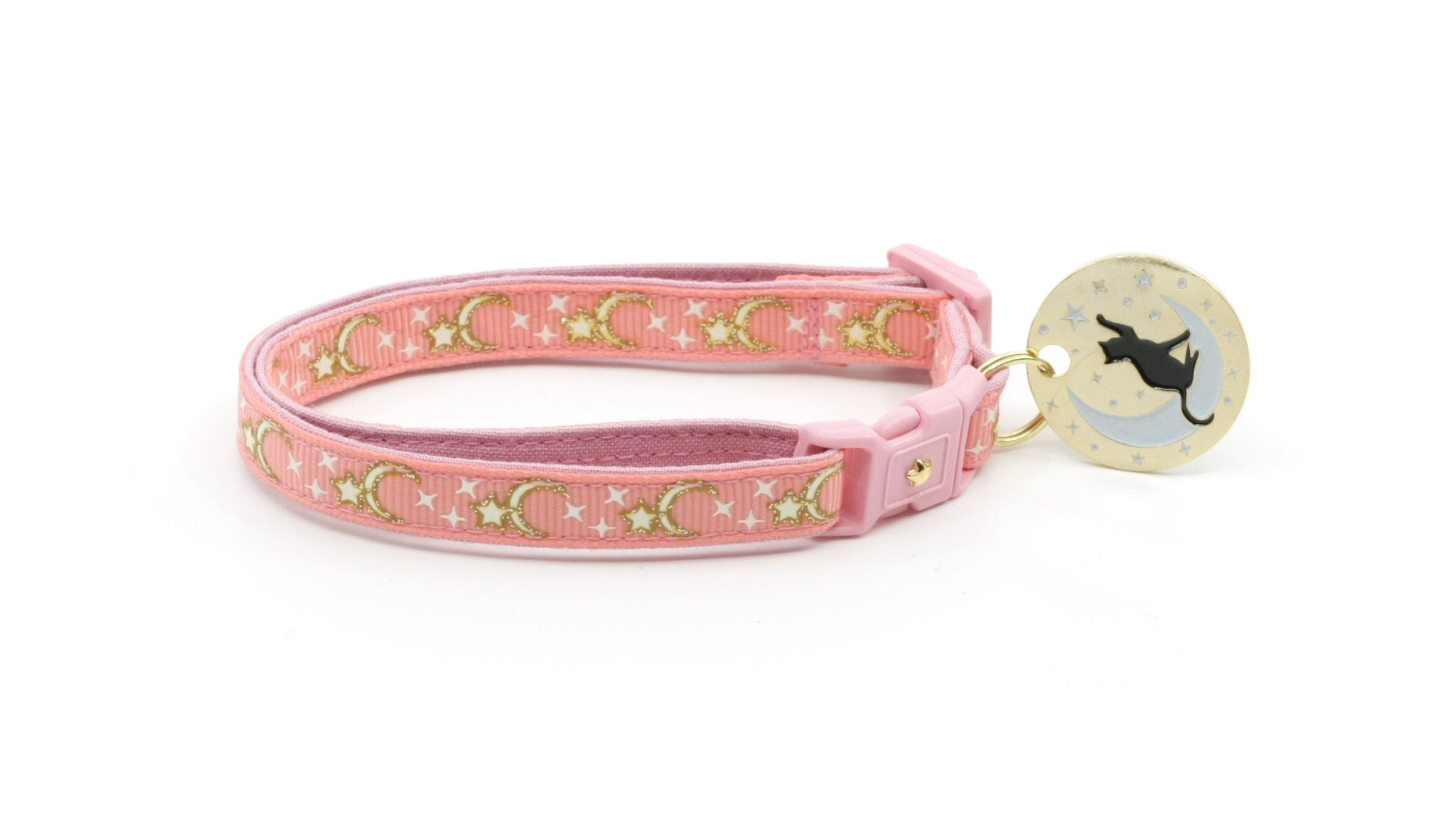 Glow-in-the-Dark Gold Stars and Moons Coral Pink Cat Collar with Safety Breakaway and Bell
