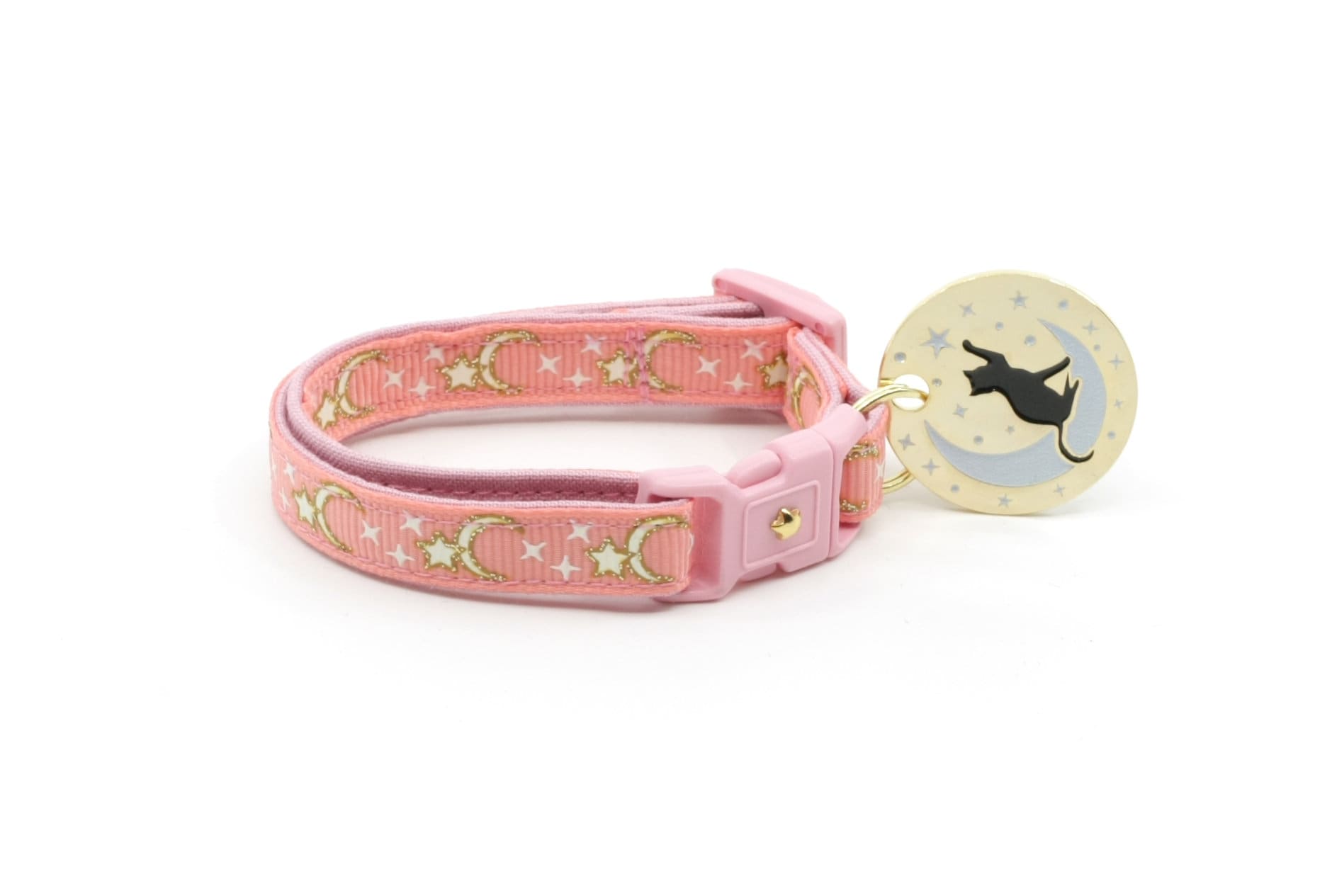 Glow-in-the-Dark Gold Stars and Moons Coral Pink Cat Collar with Safety Breakaway and Bell