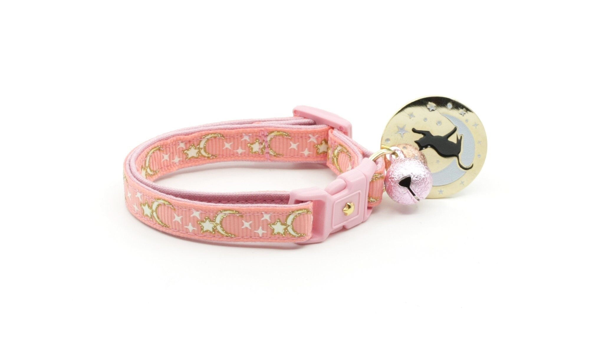 Glow-in-the-Dark Gold Stars and Moons Coral Pink Cat Collar with Safety Breakaway and Bell