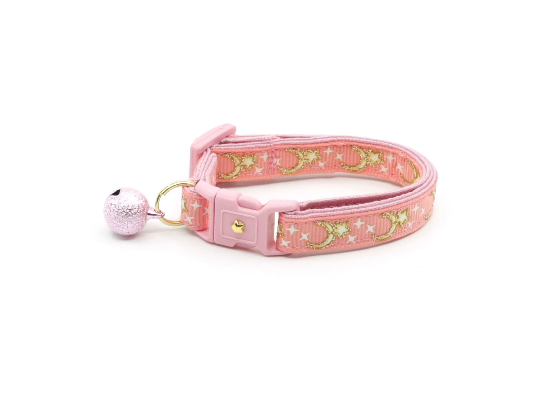 Glow-in-the-Dark Gold Stars and Moons Coral Pink Cat Collar with Safety Breakaway and Bell