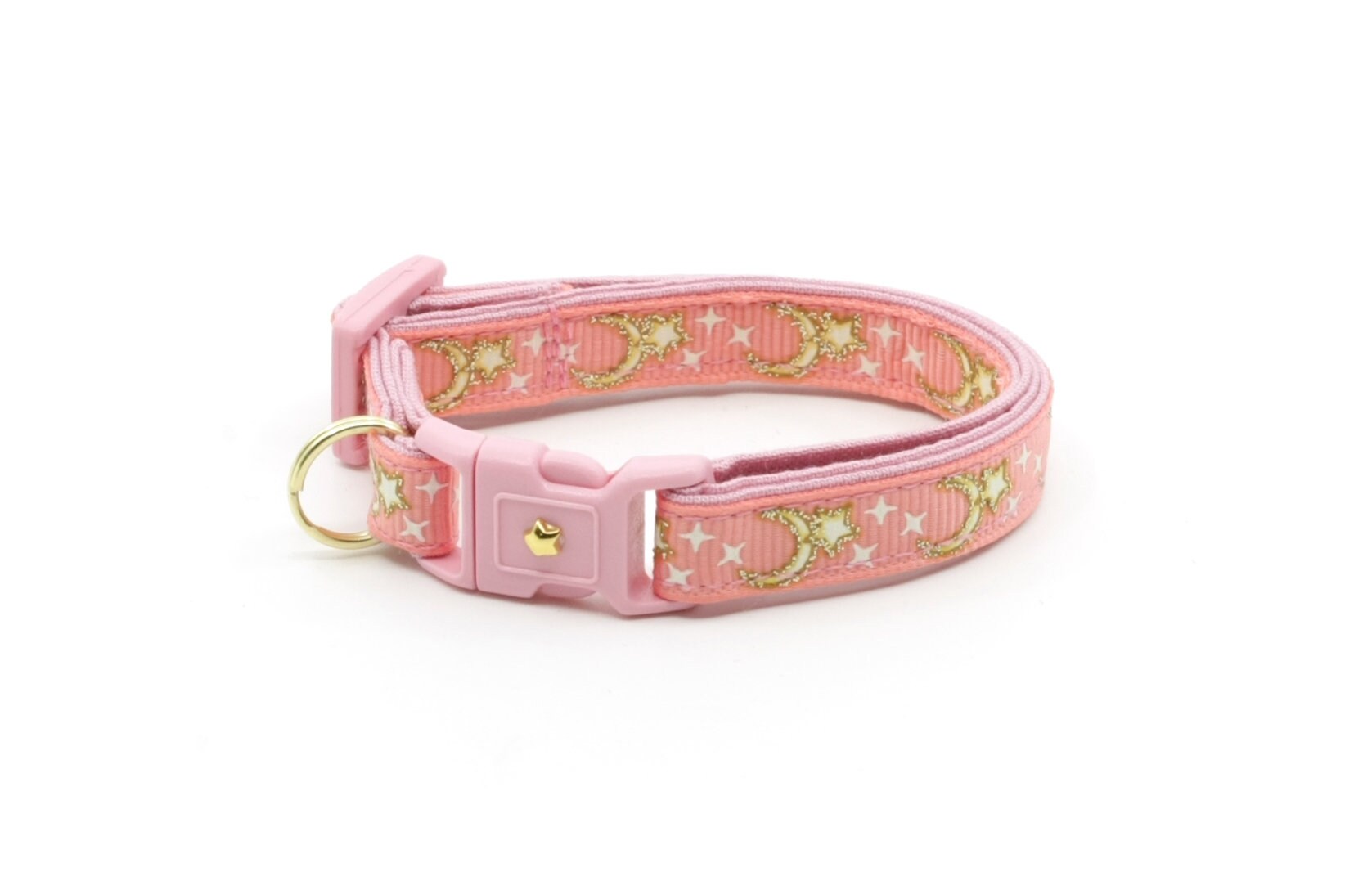 Glow-in-the-Dark Gold Stars and Moons Coral Pink Cat Collar with Safety Breakaway and Bell