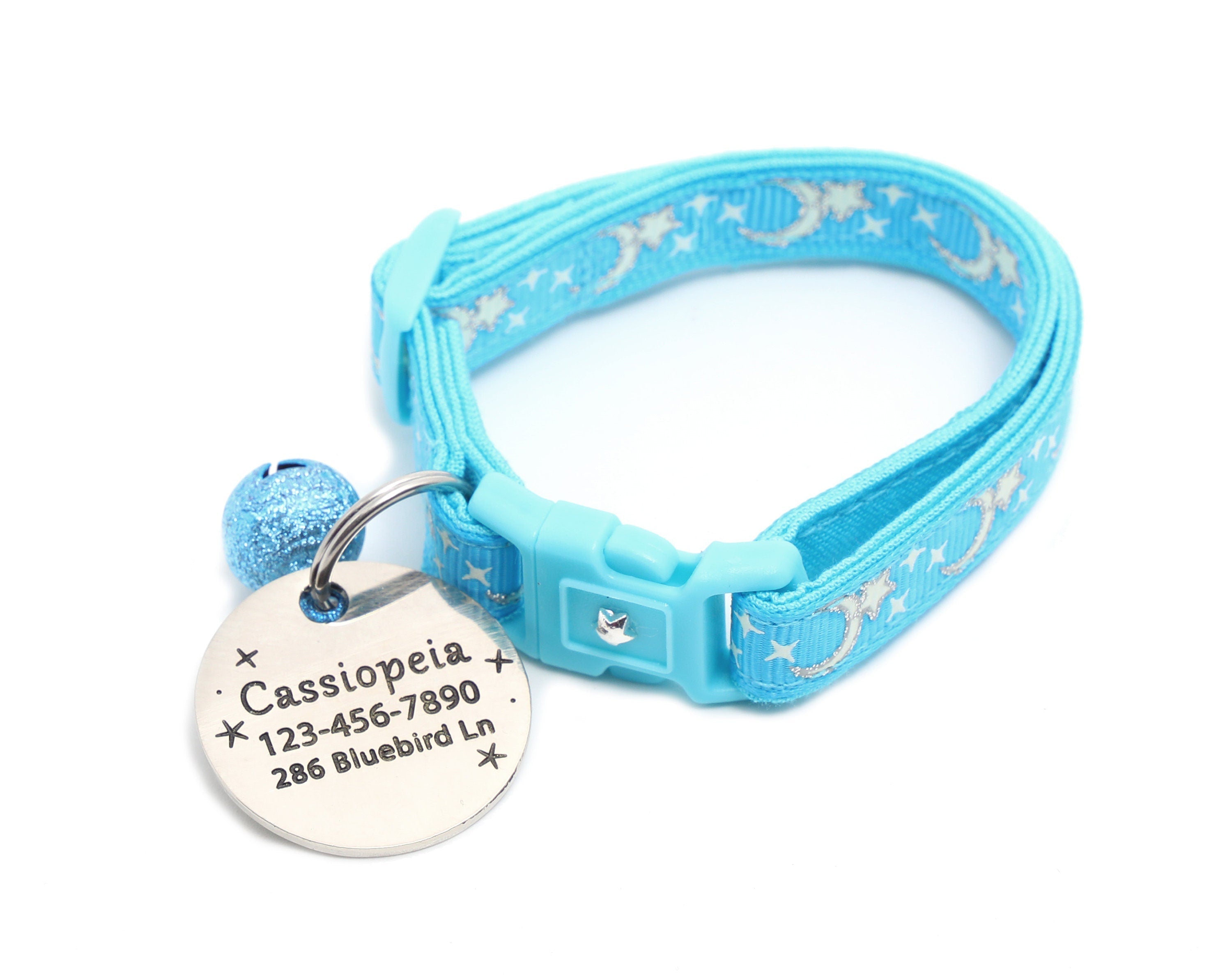 Glow in the Dark Cat Collar with Moon & Star Design - Adjustable, Safe, Washable
