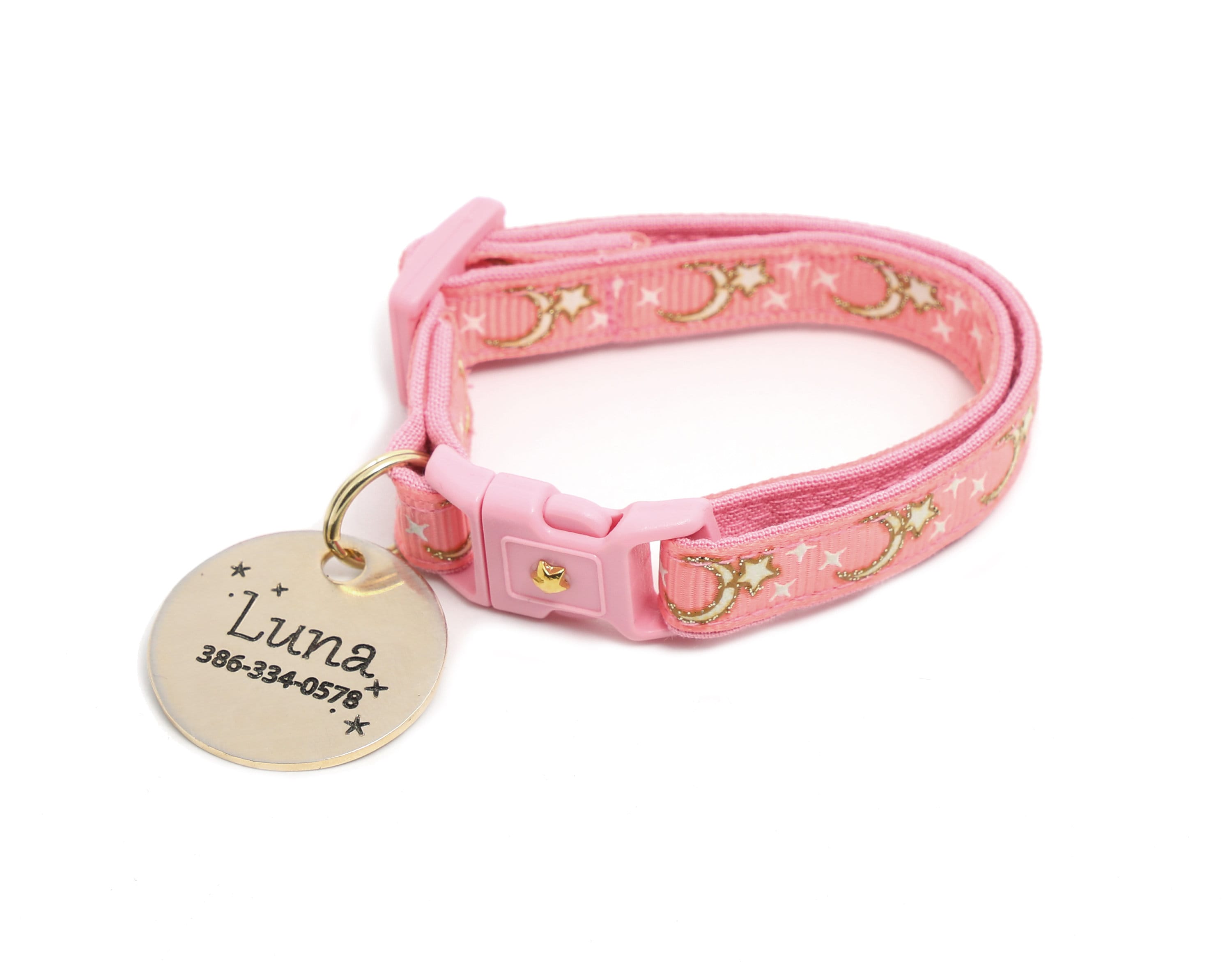 Glow-in-the-Dark Gold Stars and Moons Coral Pink Cat Collar with Safety Breakaway and Bell