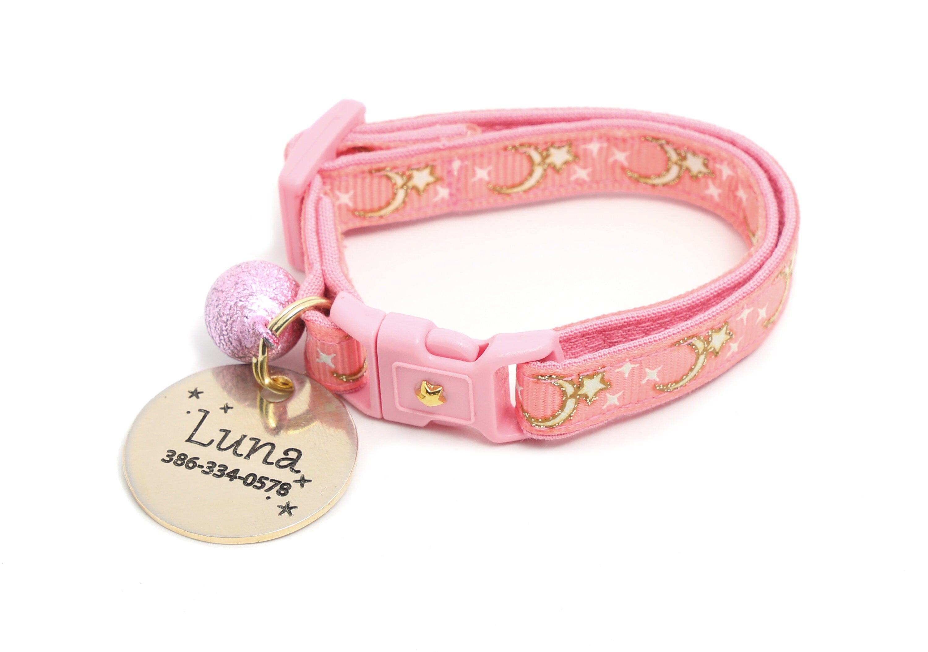 Glow-in-the-Dark Gold Stars and Moons Coral Pink Cat Collar with Safety Breakaway and Bell