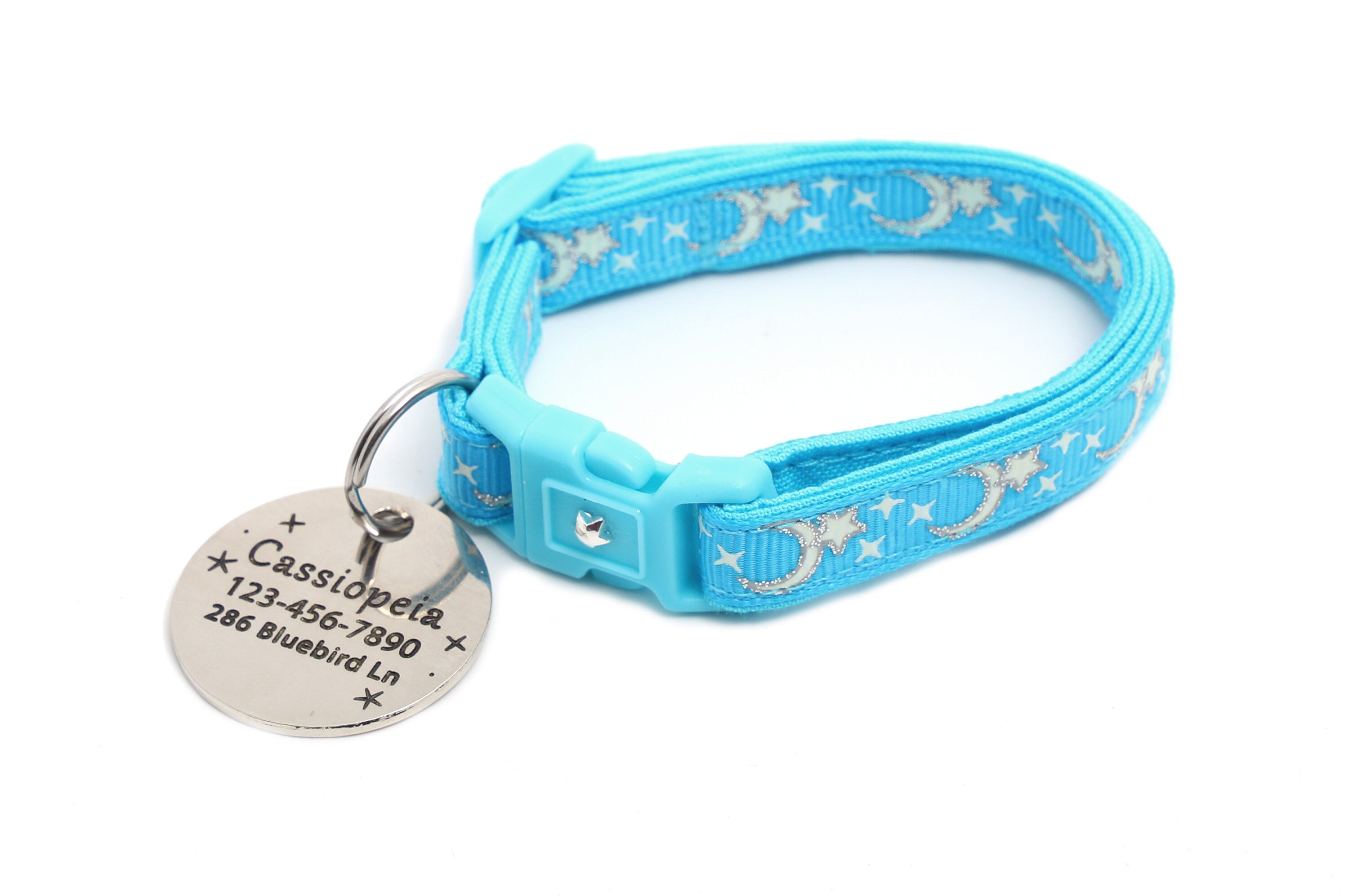 Glow in the Dark Cat Collar with Moon & Star Design - Adjustable, Safe, Washable