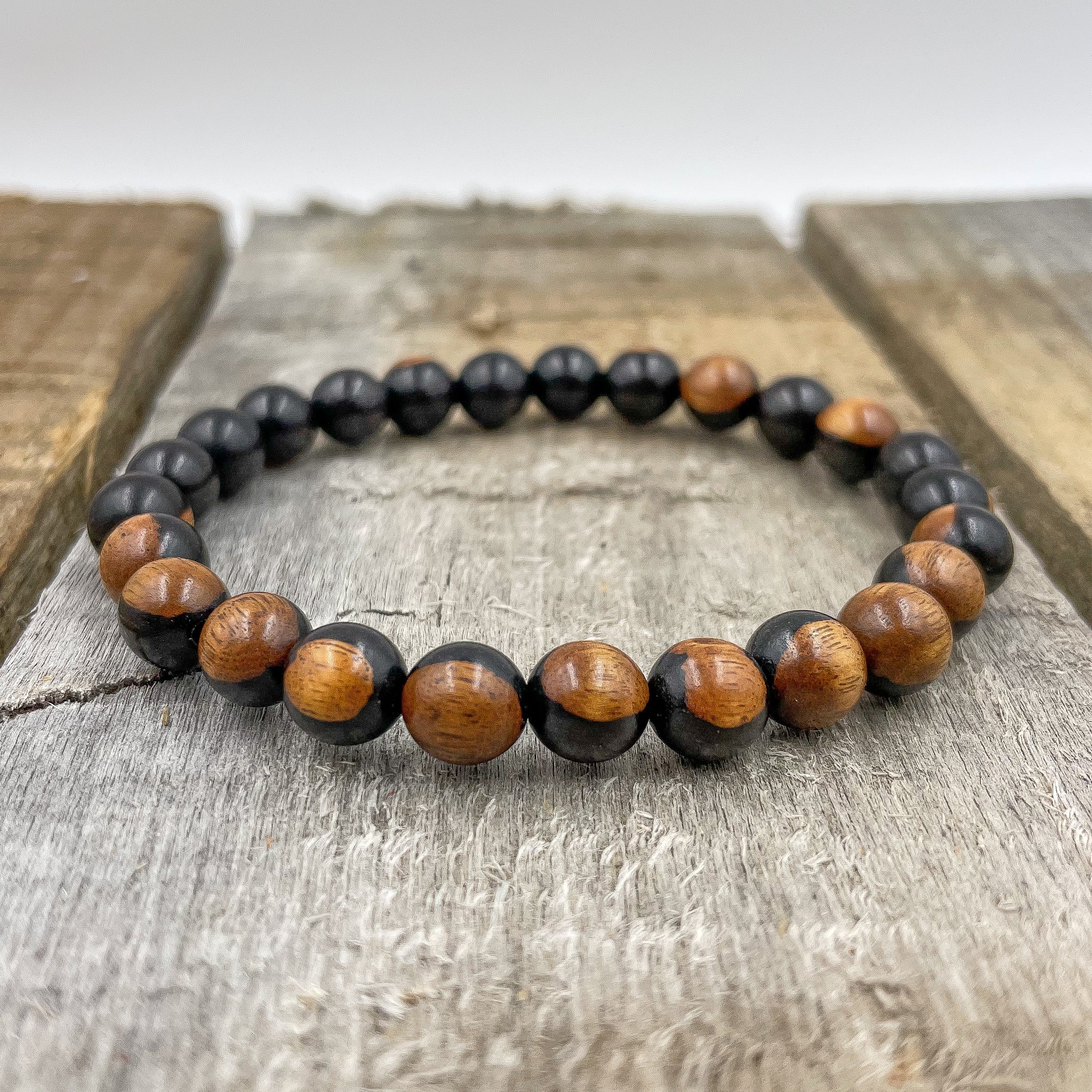Union – Dual Black & Brown Sandalwood Mala Beaded Bracelet | Natural 8mm Wood Beads, Handmade Jewelry