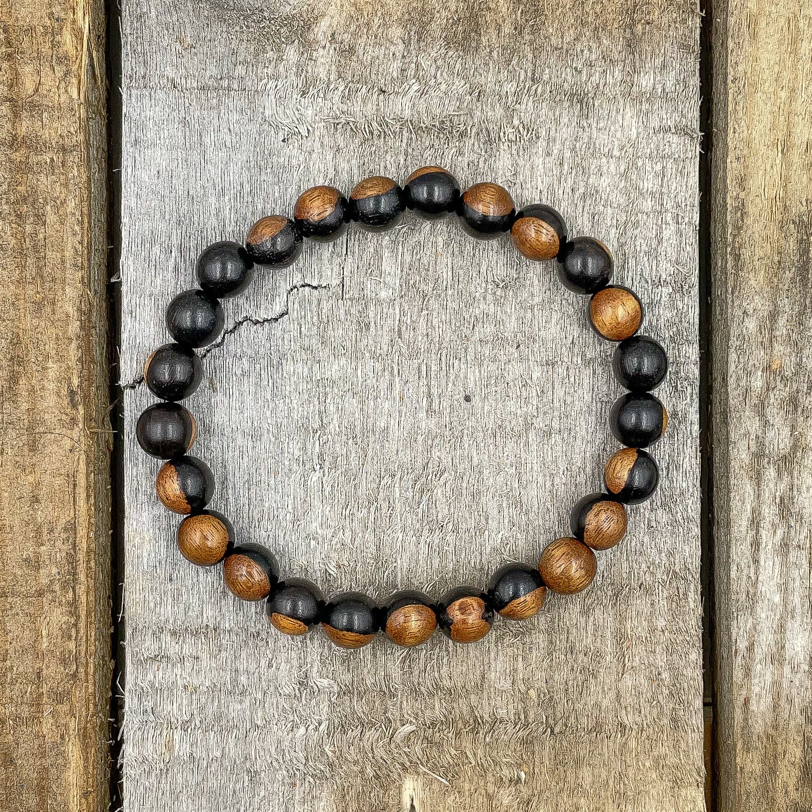 Union – Dual Black & Brown Sandalwood Mala Beaded Bracelet | Natural 8mm Wood Beads, Handmade Jewelry