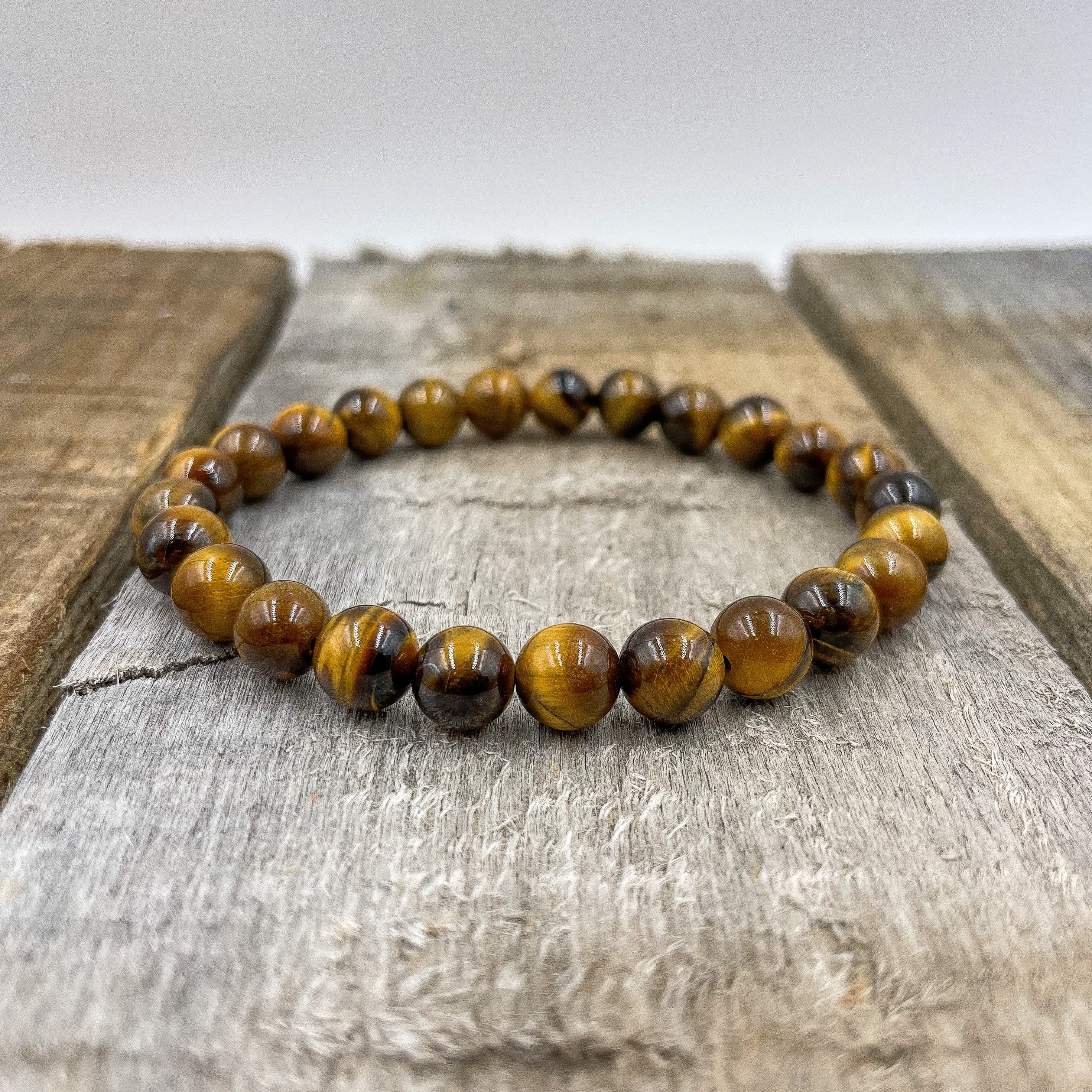 Tiger Eye Gemstone Beaded Bracelet – 8mm Natural Stone Beads, Stretch Cord, Handmade Spiritual Jewelry