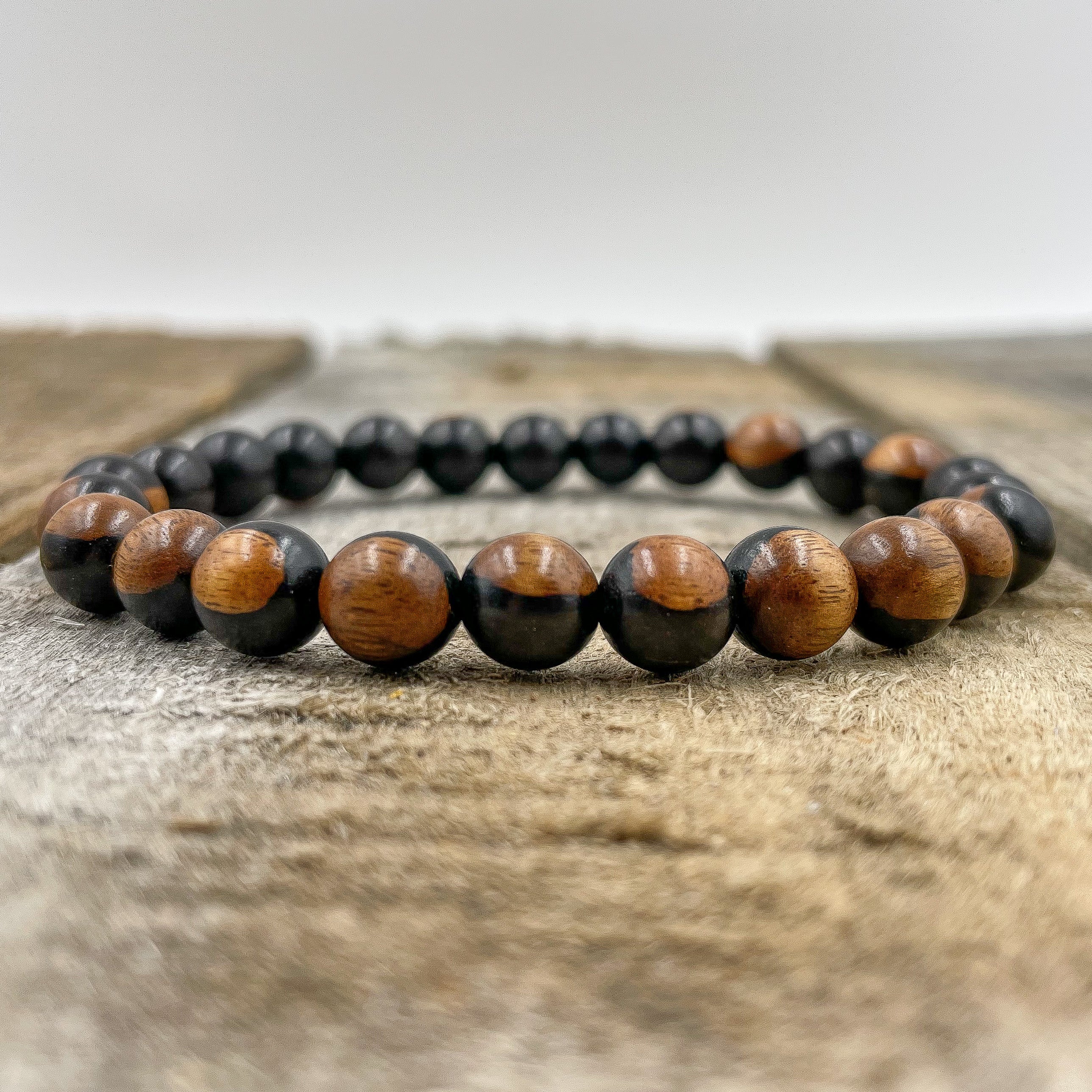 Union – Dual Black & Brown Sandalwood Mala Beaded Bracelet | Natural 8mm Wood Beads, Handmade Jewelry
