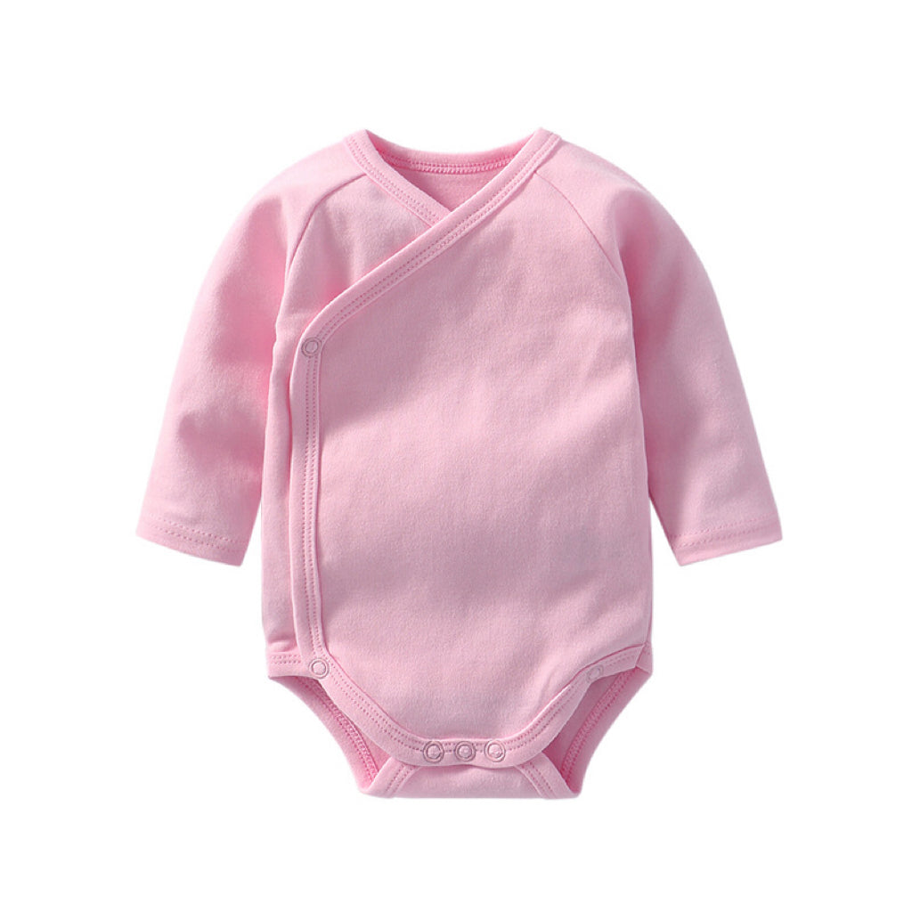 Baby Unisex Cotton Long Sleeve Onesie – Multi-Color Solid Bodysuit with Slanting Button, Newborn Infant Outfit (0–12M)