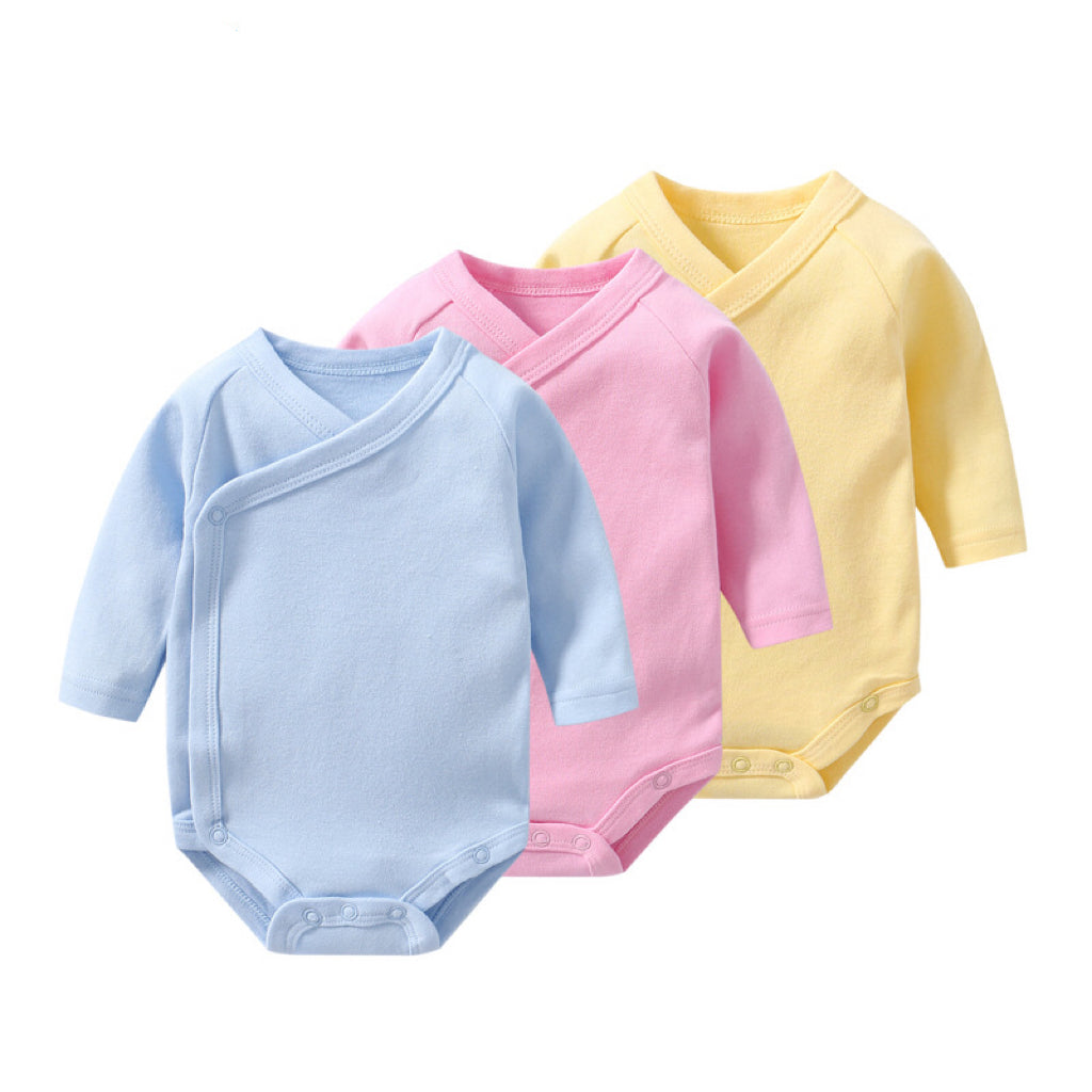 Baby Unisex Cotton Long Sleeve Onesie – Multi-Color Solid Bodysuit with Slanting Button, Newborn Infant Outfit (0–12M)