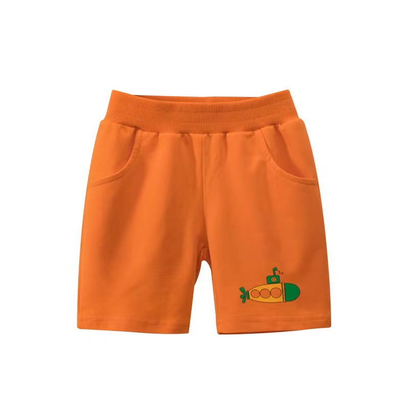 Baby Boy Cartoon Print Mid Pants with Pockets – Cotton Elastic Waist Toddler Shorts for Summer Play & Outdoor Adventures
