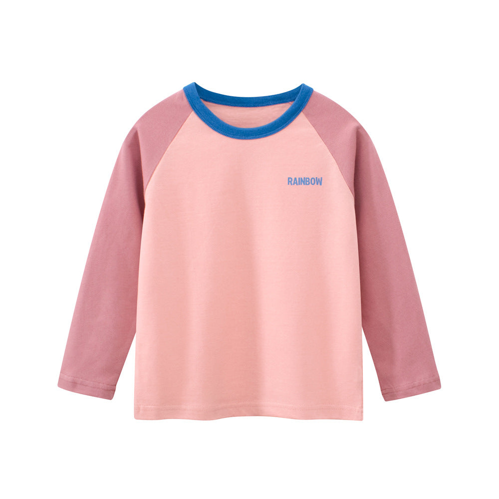 Autumn Baby Girls Long Sleeve Letter Print Patchwork Top – Cute Crew Neck Cotton T-Shirt for Toddler & Kids | Stylish Color Block Fall Outfit for Everyday Wear