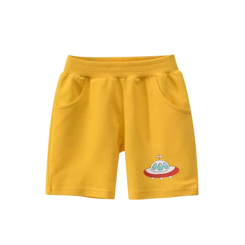 Baby Boy Cartoon Print Mid Pants with Pockets – Cotton Elastic Waist Toddler Shorts for Summer Play & Outdoor Adventures