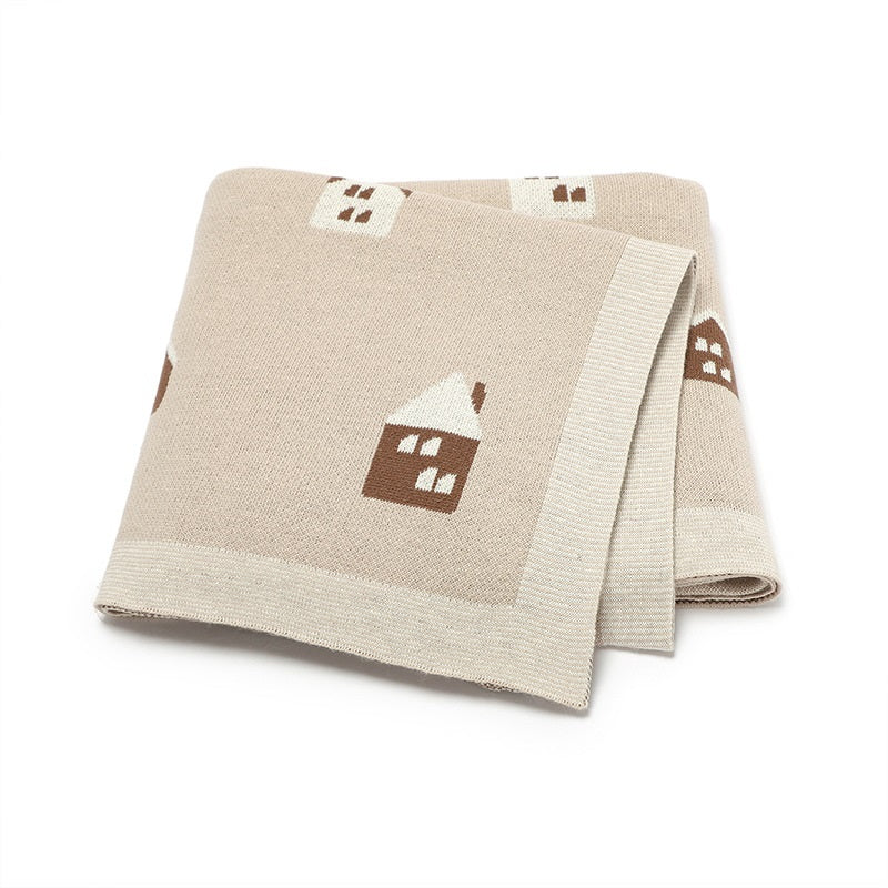 Knitted Baby Blanket with Cute House Pattern – Soft, Breathable Cotton for Boys & Girls