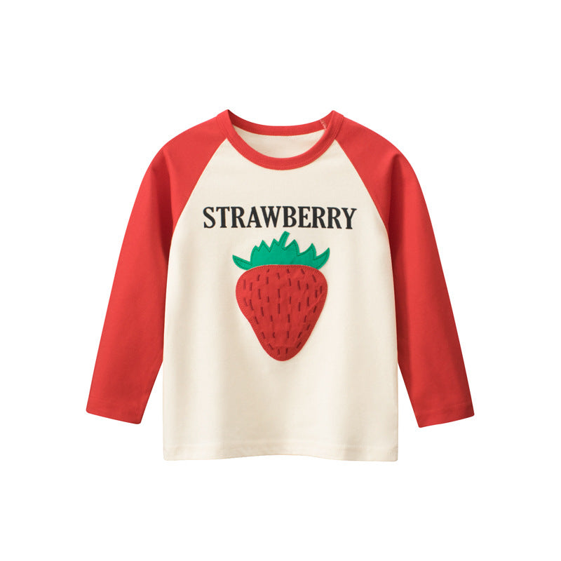Baby Girl Strawberry Print Cotton Crewneck Shirt – Cute Long Sleeve Tee (12M–10Y)