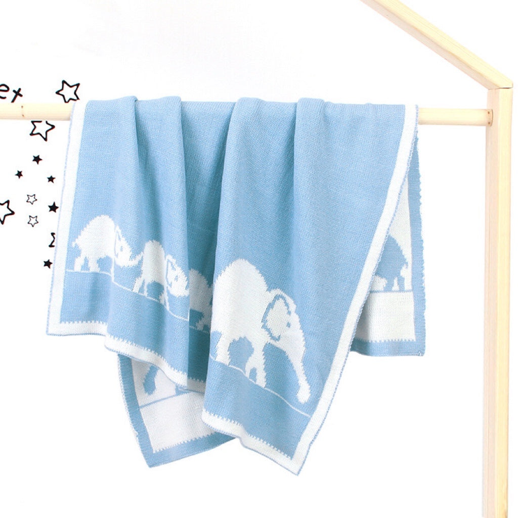 Kids Cartoon Elephant Knitted Blanket – Soft Cotton Embroidered Baby Blanket for Boys & Girls