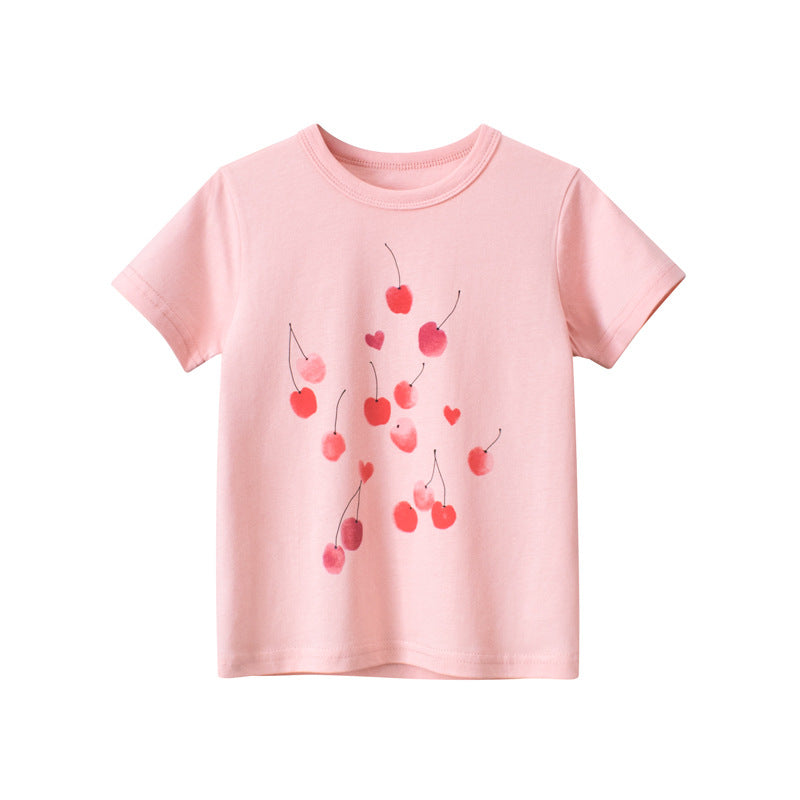 Baby Girl Cherry Print Cotton T-Shirt – Cute Summer Short Sleeve Toddler Tee, Breathable Casual Outfit Top for Kids