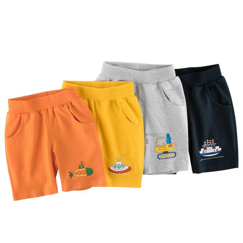 Baby Boy Cartoon Print Mid Pants with Pockets – Cotton Elastic Waist Toddler Shorts for Summer Play & Outdoor Adventures